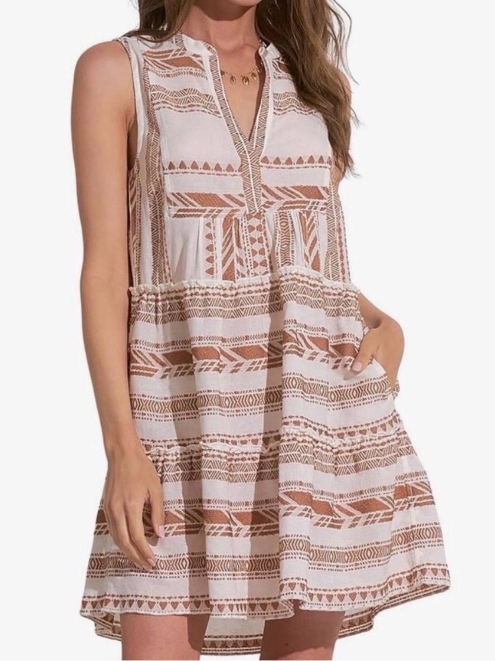Elan Embroidered Sleeveless Boho Dress | Ivory & Rust | Size Small